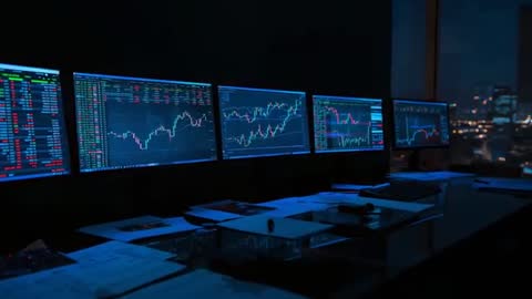 Night Trading Desk with Dynamic Stock Charts Monitors