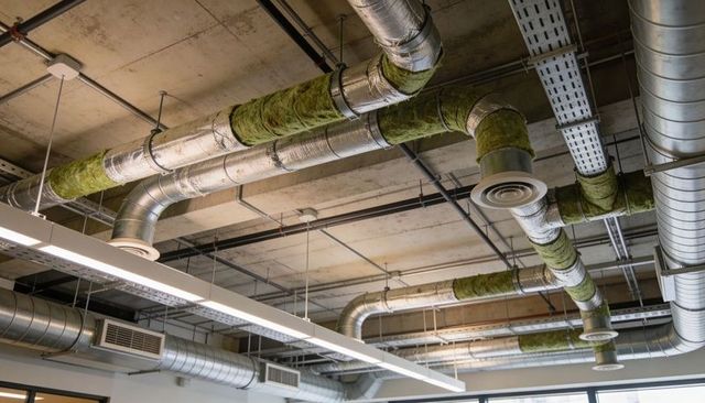 Exposed hvac ductwork with green insulation on concrete ceiling in modern office interior