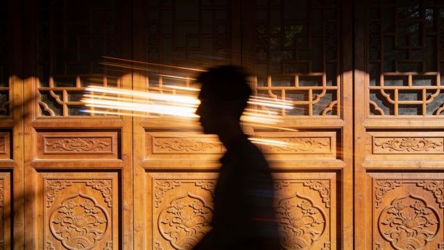 Silhouette walking past ornate carved wooden doors with horizontal light streaks