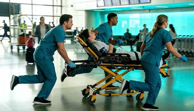 Emergency medical team rushing patient on stretcher through busy airport terminal gate