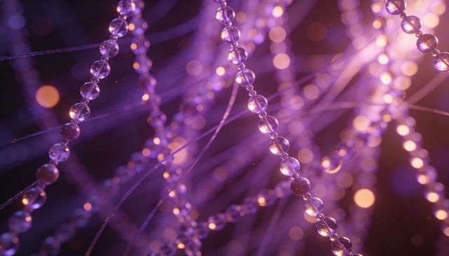 Shimmering glass beads catching purple magenta light with bokeh glow