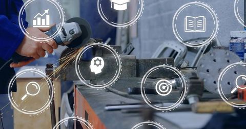 Grinding metal at workshop bench with angle grinder sparks and vocational training icons
