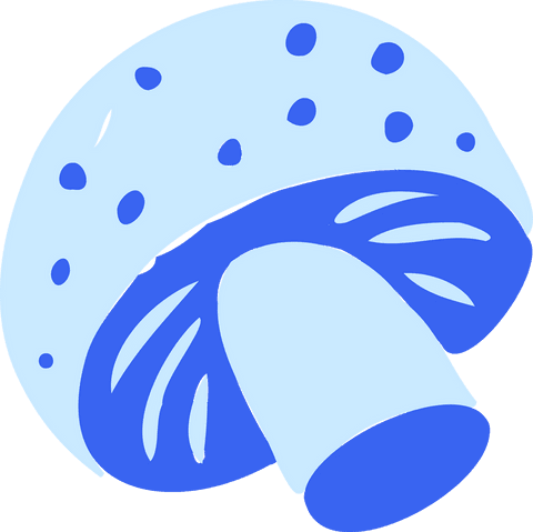 Whimsical mushroom icon with blue spotted cap on transparent background