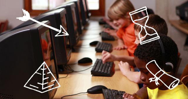 Children Learning on Computers in Classroom with Educational Doodles - Download Free Stock Images Pikwizard.com