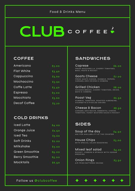 Modern cafe menu featuring diverse coffee options, sandwiches, cold drinks, and sides displayed over green background. Suitable for cafes, coffee shops, and restaurants looking to showcase their menu items prominently. Attracts customers with clear presentation and organized layout for ease of reading and deciding.