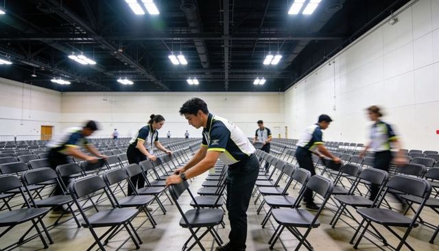 Event staff arranging rows of folding chairs in conference hall preparing for large event