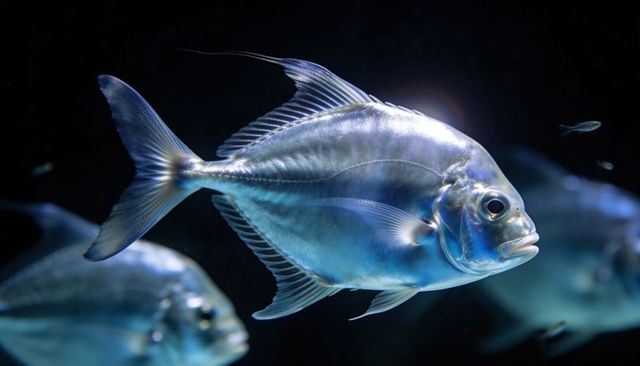 Iridescent silver-blue fish swimming in dark aquarium with dramatic lighting and reflections