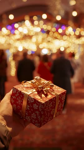 Offering red gift box while walking through festive event hall with golden bokeh lights