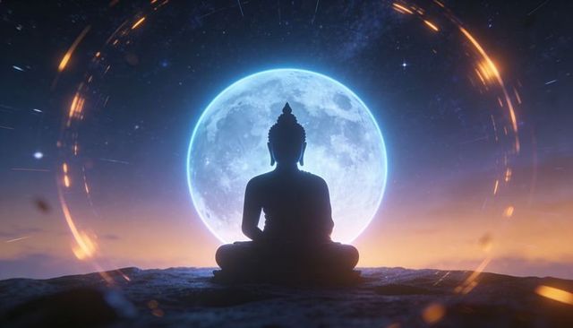 Meditating buddha silhouette on rocky plateau with full moon and glowing orbital rings