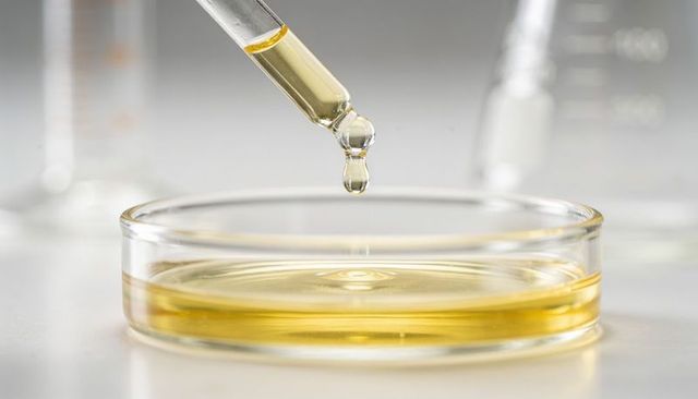 Golden droplet falling from glass pipette into petri dish creating concentric ripples