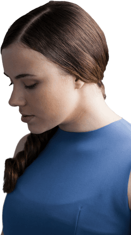 Thoughtful Brunette Woman in Blue Apparel on Transparent Background