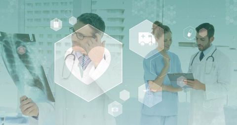 Clinical Team Reviewing Chest X-Ray with Teal Digital Health Interface Overlay