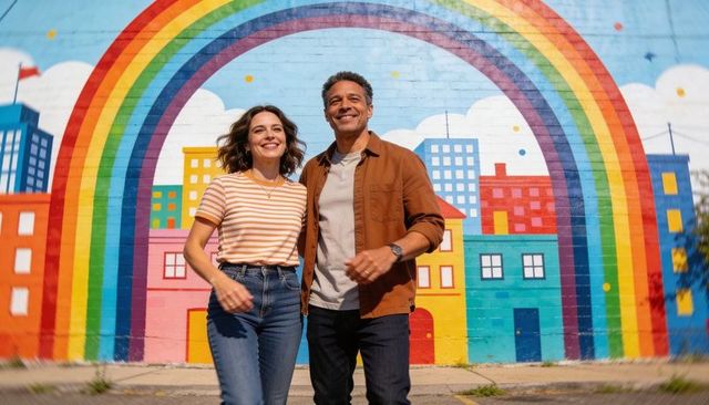 Smiling couple walking past vibrant rainbow mural urban lifestyle casual fashion energy
