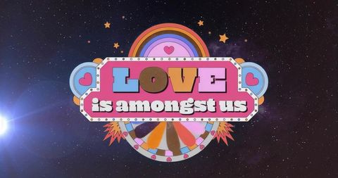 Colorful neon cosmic marquee with love message and rainbow arch
