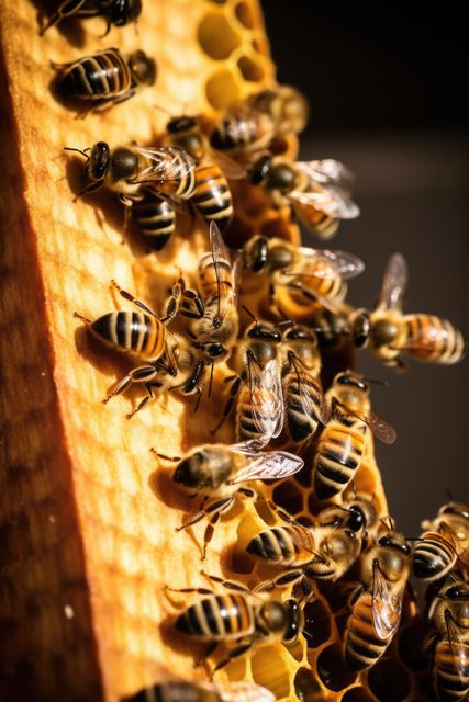 Close up of multiple bees on honeycomb on black background created using generative ai technology. Nature, animals and insects concept digitally generated image.