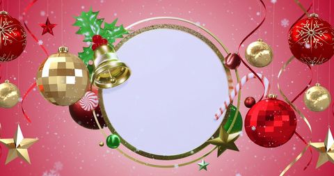 Festive Christmas Frame with Holiday Decor on Red Background