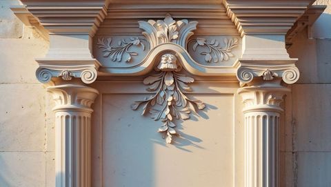Ornate neoclassical facade with fluted columns and floral relief