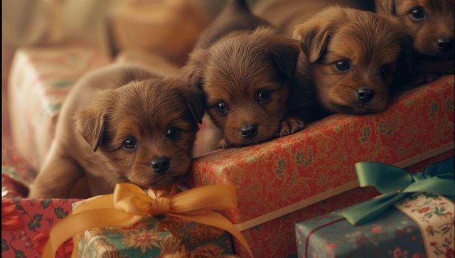 Adorable puppies nestling on patterned christmas gifts