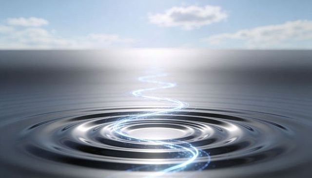 Luminous winding light trail forming serpentine path over silvery sea with concentric ripples