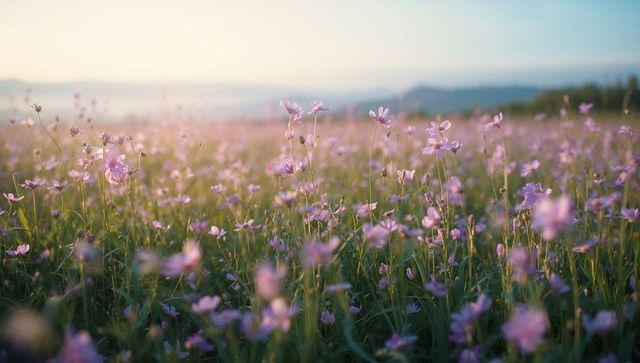 Sunlit pink and purple wildflower meadow at golden hour with soft pastel bokeh, horizon glow