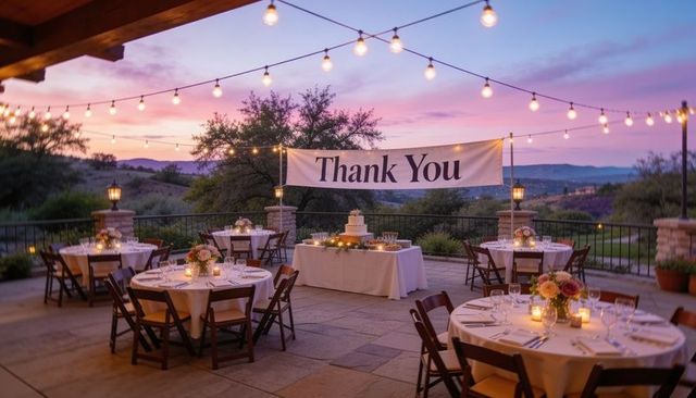 Sunset wedding reception celebrating with thank you banner, dessert table, string lights
