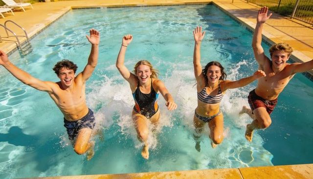 Four teenagers jumping into outdoor pool splashing summer fun joyful friendship and energy