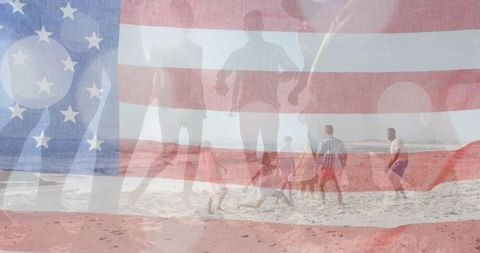 American Flag Overlays Friends Enjoying Summer Beach Day