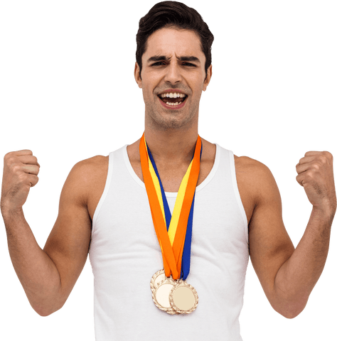 Joyful Champion Wearing Gold Medals on Transparent Background