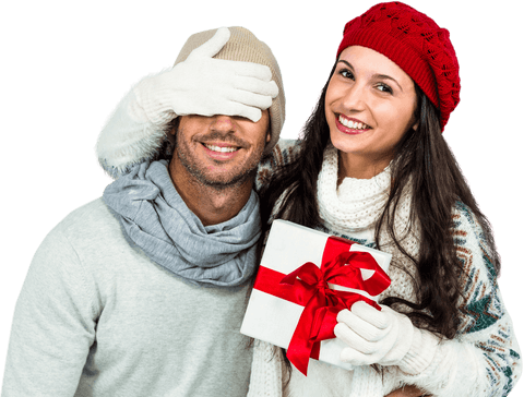 Smiling couple with surprise gift on transparent background