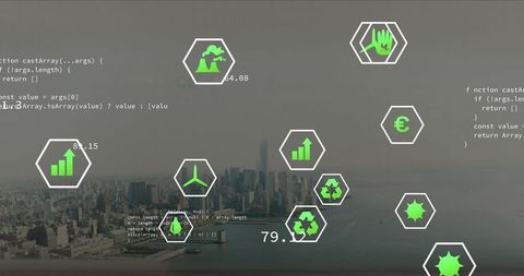 Sustainable Finance Technology Symbolizing Urban Connectivity with Eco Icons