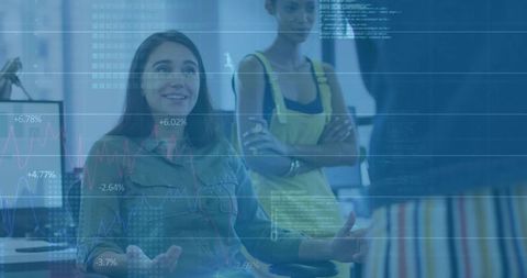 Businesswoman Collaborating with Digital Data Integration in Modern Office