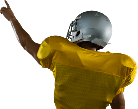 American football player in yellow jersey pointing on transparent background