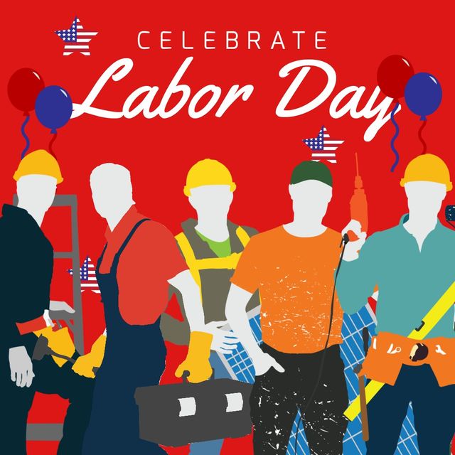 Vector image of workers with celebrate labor day text on red background. Federal holiday, honor and recognize the american labor movement, appreciation of works and contributions of laborers.