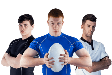 Transparent Three Rugby Players Holding Ball Looking focused