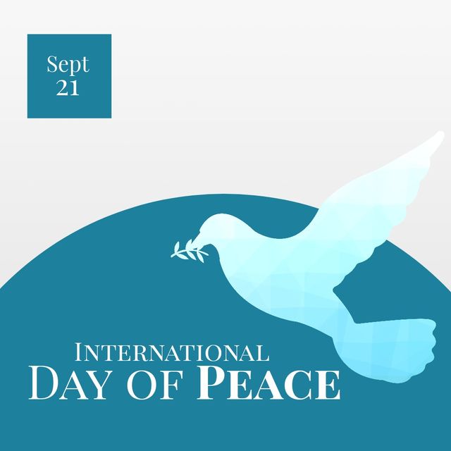 Vector image of pigeon with sept 21 international day of peace text, copy space. World peace day, avoid war and violence, celebration, commemorating and strengthening ideals of peace, spread kindness.