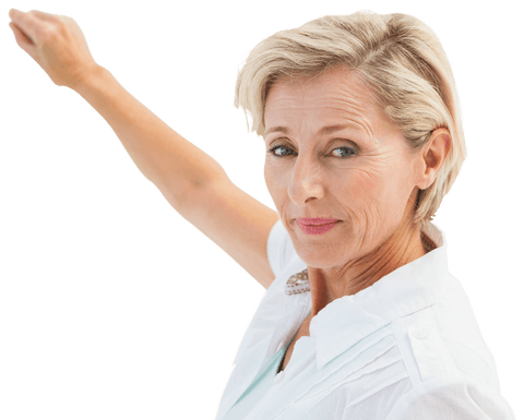Confident Senior Woman Pointing on Transparent Background