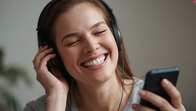 Cheerful Woman Enjoying Music with Smartphone and Headphones at Home