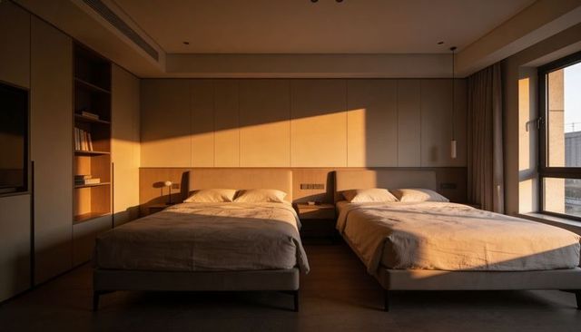 Sunlight casting warm geometric patch over minimalist twin beds in modern hotel bedroom