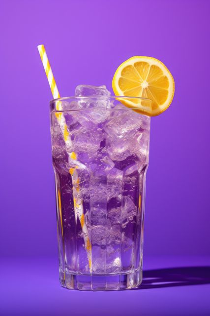 Refreshing Iced Beverage with Lemon Slice and Straw Against Purple Background - Download Free Stock Images Pikwizard.com