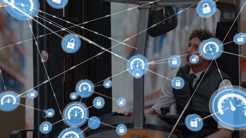 Warehouse Worker Surrounded by Technology Network Interface