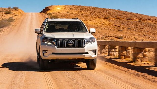 White suv driving across dusty desert road with stone wall and rugged red hills