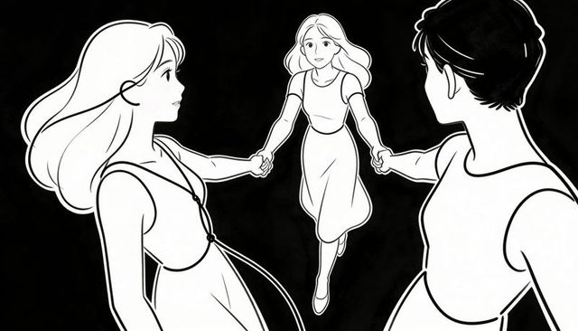 Three women holding hands forming circle lineart unity collaboration friendship