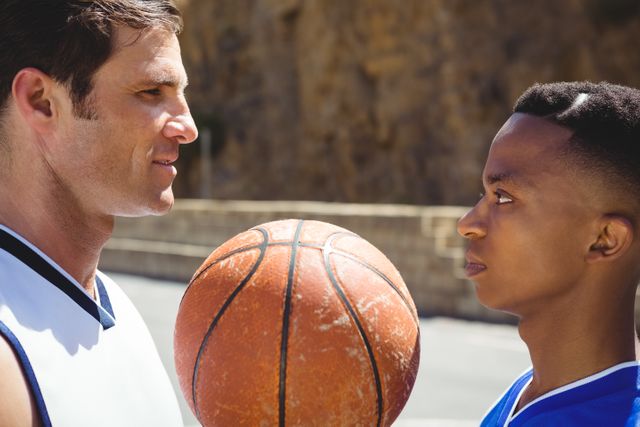 Two basketball players standing face to face on an outdoor court, showcasing intense competition and determination. Ideal for use in sports-related articles, advertisements promoting teamwork and rivalry, or motivational content highlighting focus and dedication in athletics.