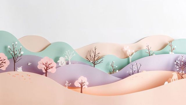Pastel paper-cut landscape featuring layered hills, blossom trees and playful rabbits