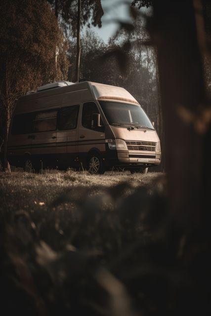 Old-style camper van parked amidst trees in a forest, capturing a serene and quiet dusk scene. Ideal for travel blogs, adventure-themed content, or nature exploration promotions. Evokes feelings of nostalgia, adventure, and peaceful escape from urban life.