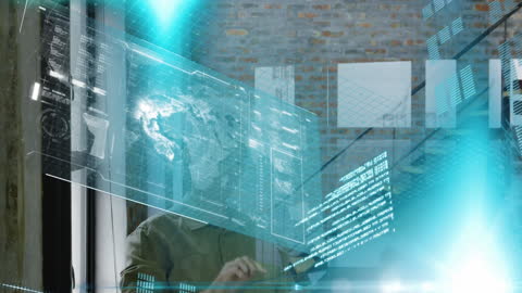 Futuristic Holographic Interface with Businessman Analyzing Data