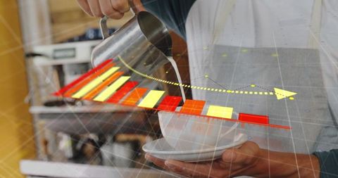 Barista crafting latte art with data overlay at coffee shop
