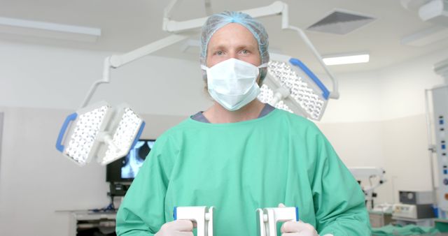 Healthcare professional holding a defibrillator in an operating room. Ideal for concepts of medical emergency, healthcare services, surgical procedures, hospital settings, and critical care.