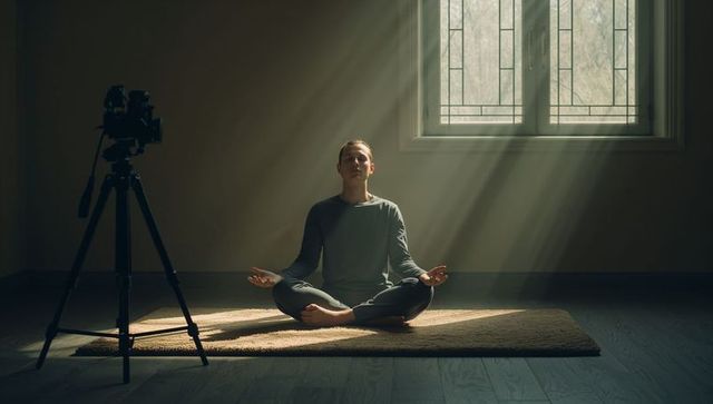 Sunlit man meditating on rug with camera recording minimalist studio mindfulness session