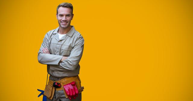 Handyman standing with arms crossed is ideal for promoting home repair services, construction industry marketing, DIY projects, advertisements, and professional service announcements.